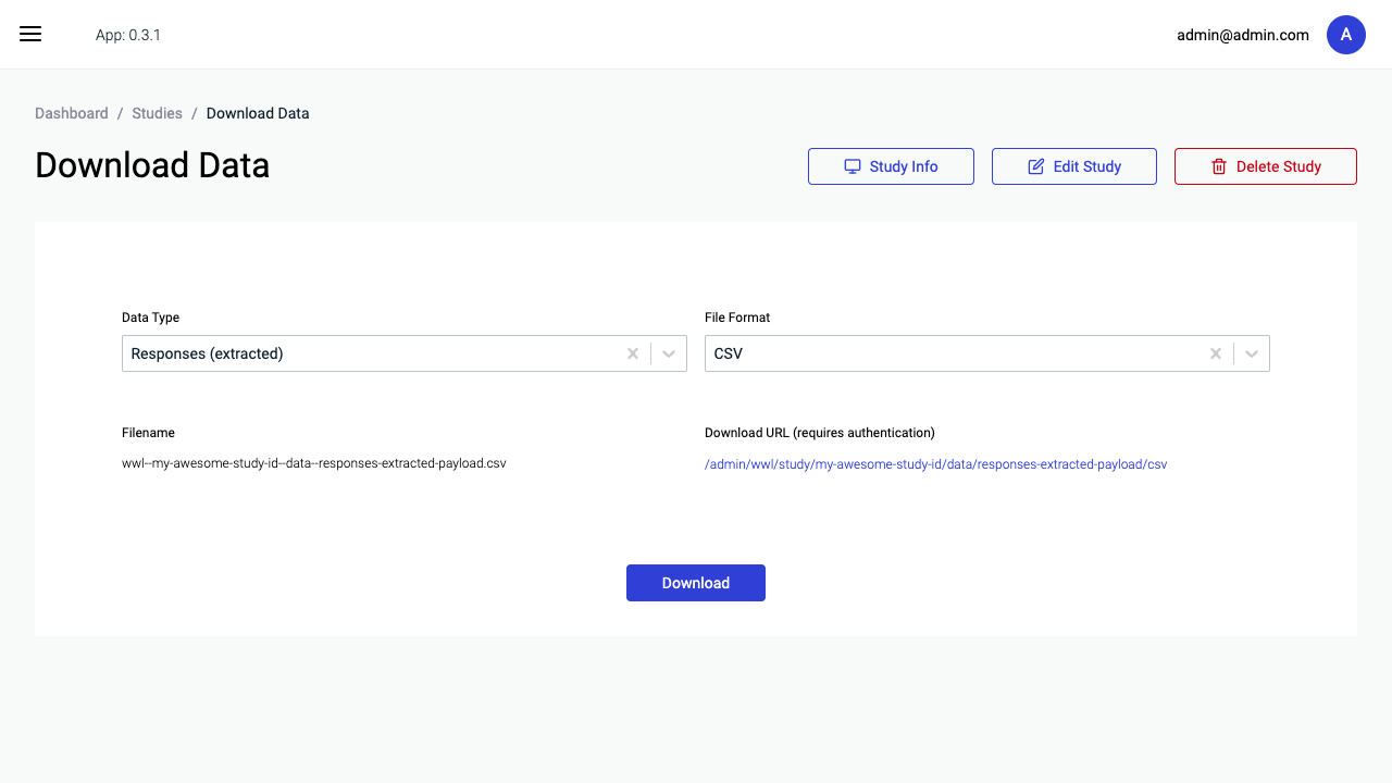 A screenshot of the download data view in World-Wide-Lab